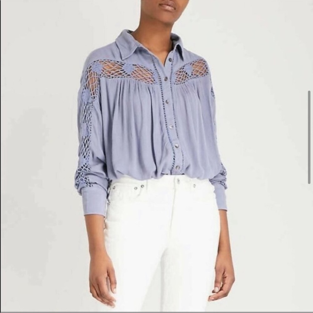 Free People Katie Bird Lace Crochet Inset Blue Button Down Blouse, XS - Picture 2 of 7